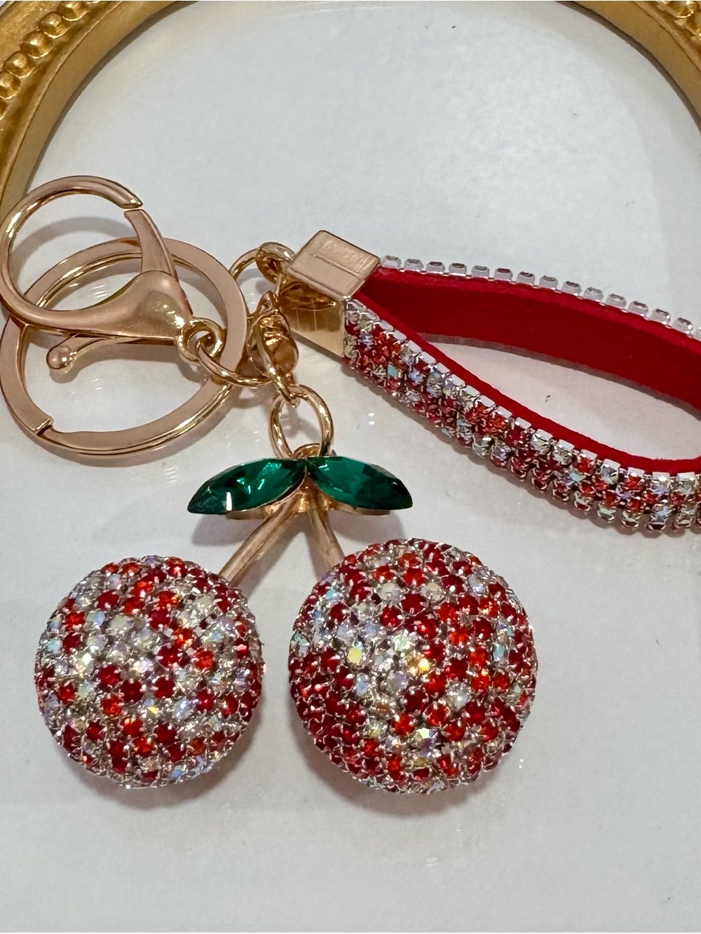 New Red & White Rhinestone Cherry Keychain - Picture 4 of 4